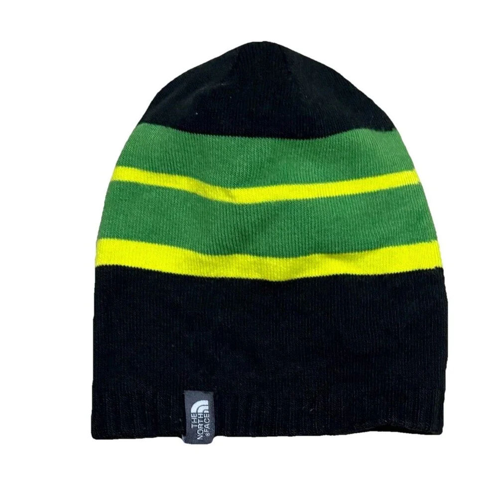 The North Face Youth Reversible Beanie Gorpcore Black Green Stripe Knit Hat Sz M